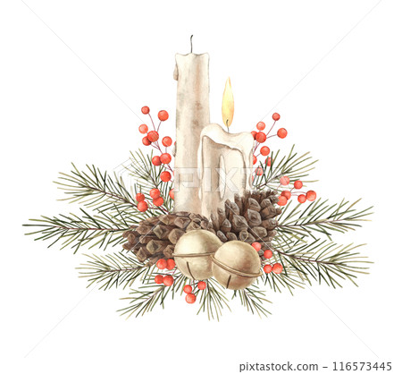 Fir branch with cones, wax candles, red berries and bells. Watercolor botanical drawing in Christmas style. Suitable for Christmas and New Year decorations, invitations, cards, wrapping paper Fir branch with cones, wax candles, red berries and bells. Watercolor botanical drawing in Christmas style. Suitable for Christmas and New Year decorations, invitations, cards, wrapping paper 116573445