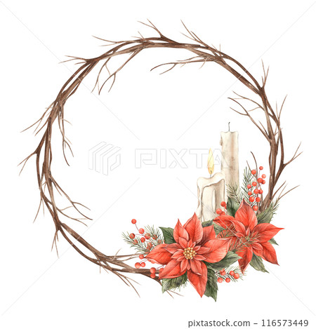 Poinsettia, Christmas red flower, fir branches, red berries, dry branches and wax candles. Watercolor botanical holiday round wreath. Drawing for Christmas and New Year holidays, invitations, cards Poinsettia, Christmas red flower, fir branches, red berries, dry branches and wax candles. Watercolor botanical holiday round wreath. Drawing for Christmas and New Year holidays, invitations, cards 116573449