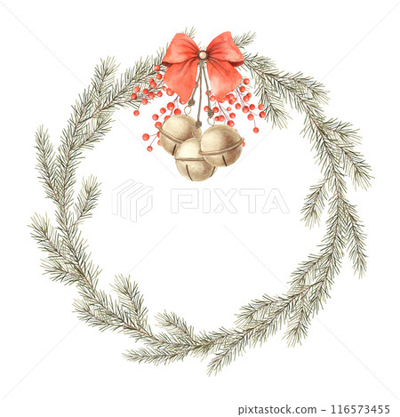Fir branch, red berries with golden bells and bow. Watercolor botanical wreath on isolated background. Drawings for Christmas and New Year holidays, invitations, cards, wrapping paper, decorations 116573455