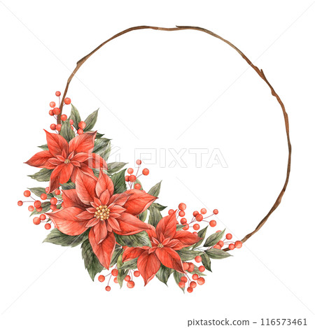 Red poinsettia, green leaves, dry branches, red berries. Watercolor botanical wreath in Christmas style, painted by hand. Drawing for Christmas and New Year holidays, invitations, cards, banners Red poinsettia, green leaves, dry branches, red berries. Watercolor botanical wreath in Christmas style, painted by hand. Drawing for Christmas and New Year holidays, invitations, cards, banners 116573461