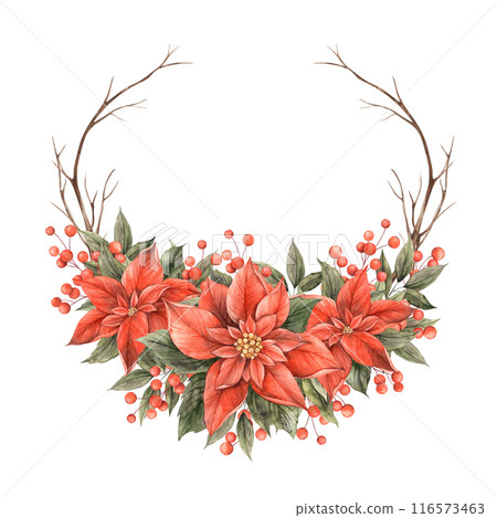 Red poinsettia, green leaves, dry branches, red berries. Watercolor botanical wreath in Christmas style, painted by hand. Drawing for Christmas and New Year holidays, invitations, cards, banners Red poinsettia, green leaves, dry branches, red berries. Watercolor botanical wreath in Christmas style, painted by hand. Drawing for Christmas and New Year holidays, invitations, cards, banners 116573463