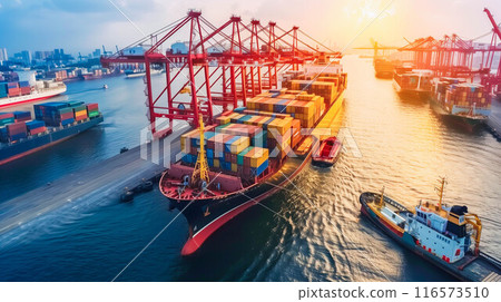 Logistics, container Cargo ship transportation with working crane bridge in deep sea port for import export. 116573510