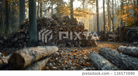 Wood stack. Heap of log. Wooden pile at logging industry. Stacked lumber at forest. Deforestation and construction. Woodpile at sawmill Wood stack. Heap of log. Wooden pile at logging industry. Stacked lumber at forest. Deforestation and construction. Woodpile at sawmill 116573890