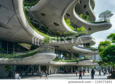 Green architecture, futuristic city. Modern ecology tower building. Ecological street. Eco city. Business residential wavy house 116573891