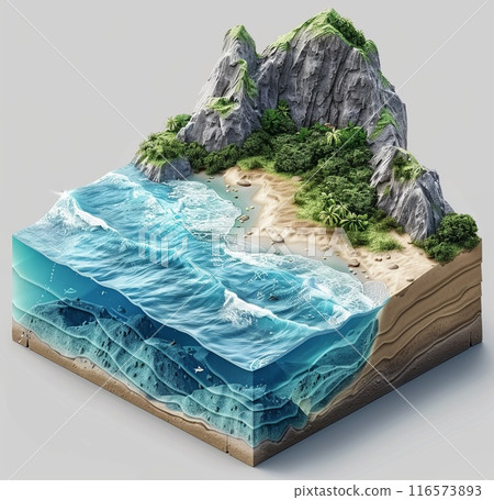 3D underwater cross section with mountain. Concept of environment, organic, cliff and rock. Slice of ecology ocean landscape 116573893