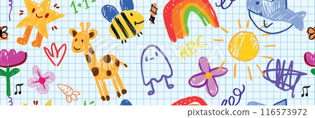 Kids doodle seamless pattern, back to school vector cartoon scribble texture, naive flower, star.  116573972