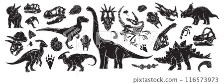 Linocut dinosaur set, dino fossil print collection, skeleton vector silhouette, prehistoric monster. 116573973
