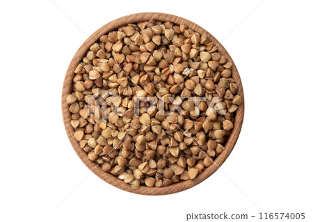 Green buckwheat grain in wooden bowl isolated on white background, top view. Green buckwheat grain in wooden bowl isolated on white background, top view. 116574005