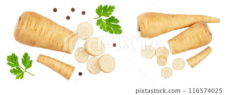 Parsnip root and slices isolated on white background closeup. Top view. Flat lay 116574025