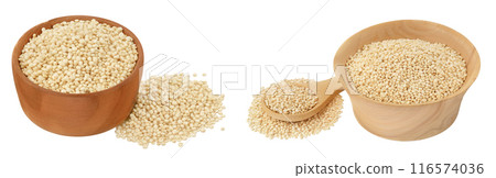 white quinoa seeds in wooden bowl isolated on white background with full depth of field 116574036