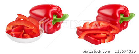 slices of red sweet bell pepper in ceramic bowl isolated on white background 116574039