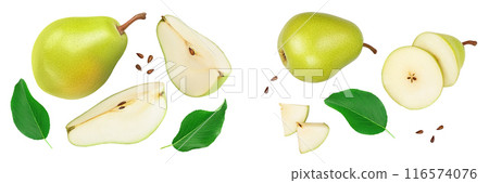 Green pear fruit half and slices isolated on white background . Top view. Flat lay 116574076