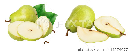 Green pear fruit with slices isolated on white background with full depth of field 116574077