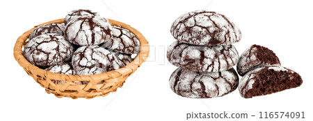 Chocolate brownie cookie in a wicker basket isolated on white background with full depth of field Chocolate brownie cookie in a wicker basket isolated on white background with full depth of field 116574091