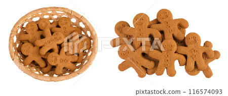 Gingerbread man in a wicker basket isolated on white background. Top view. Flat lay. 116574093
