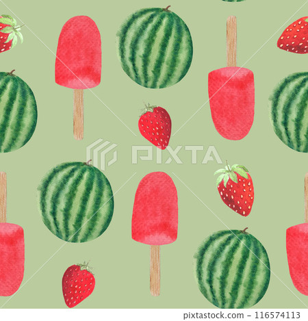 Watermelon whole and strawberry sherbet on a wooden stick. Watercolor seamless pattern on green background, hand drawn for food design. Packages, menu, wrapping paper, food textile, kitchen decor 116574113