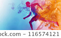 Dynamic runner in motion, vibrant colorful smoke background, athletic speed, creative art concept, sports energy vision, fitness motivation concept 116574121