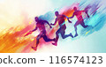 Abstract Colorful Silhouettes of Running Men with Motion Trail, vibrant fitness and dynamic movement concept 116574123