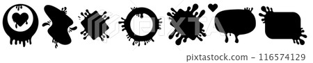 Paint splatter black set and collection. Different type of splash flat collection, decorative liquids shapes. splashes and drops, cartoon spatters. Black stain set isolated on transparent background 116574129