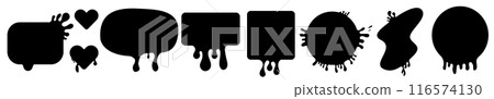 Paint splatter black set and collection. Different type of splash flat collection, decorative liquids shapes. splashes and drops, cartoon spatters. Black stain set isolated on transparent background 116574130