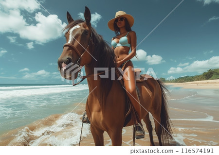 Natural beautiful woman sitting on a horse on the beach, waves and sea background. Natural beautiful woman sitting on a horse on the beach, waves and sea background. 116574191