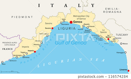 Liguria and the Italian Riviera, the Ligurian Riviera, political map. Region of north-western Italy, with capital Genoa. A narrow coastal strip between Ventimiglia and La Spezia, on the Ligurian Sea. 116574284