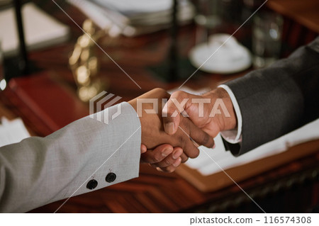 Hands of business partners handshaking Hands of business partners handshaking 116574308