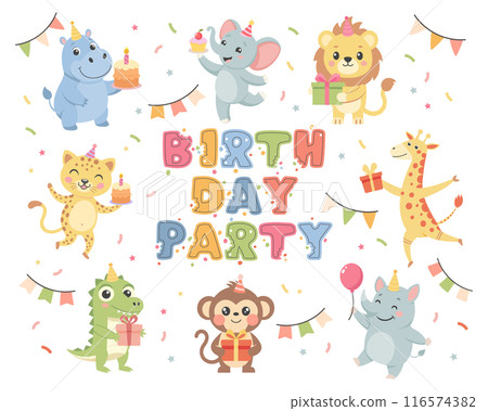 Childrens set with cute animals. Happy birthday party, baby animals in party hats, cakes, gift boxes, balloons. Illustrations for birthday cards, stickers Childrens set with cute animals. Happy birthday party, baby animals in party hats, cakes, gift boxes, balloons. Illustrations for birthday cards, stickers 116574382