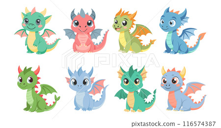 Set of cute cartoon baby dragons. Little dragons or cute dinosaur characters. Fairytale monsters. Stickers, icons, print 116574387