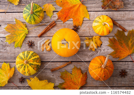 Thanksgiving autumn photo . pumpkin with leaves and spices on rustic wooden background 116574482