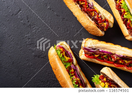 Hot dog . Traditional american fast food . 116574501