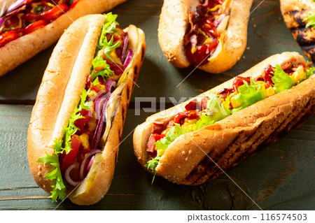 Hot dog . Traditional american fast food . 116574503