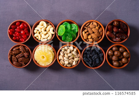 Mix of dried and candied fruits and nuts Mix of dried and candied fruits and nuts 116574585