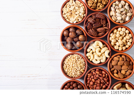 Mix of nuts in bowl . Food background 116574590