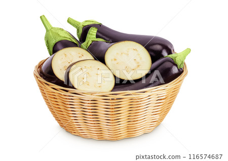 eggplant in a wicker basket isolated on white background with full depth of field. Top view. Flat lay eggplant in a wicker basket isolated on white background with full depth of field. Top view. Flat lay 116574687