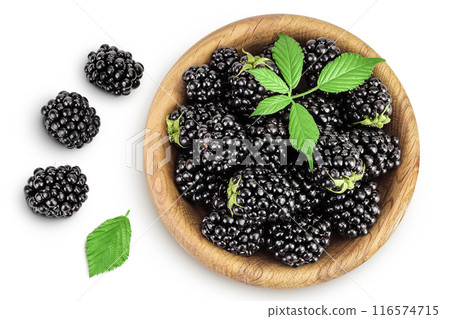 blackberry with leaf in wooden bowl isolated on a white background closeup blackberry with leaf in wooden bowl isolated on a white background closeup 116574715
