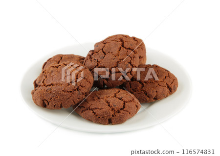 Chocolate chip cookies on a plate isolated on white background 116574831
