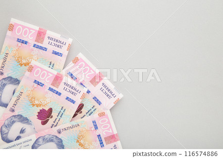 Banknotes Ukraine 200 hryvnia on grey background. Ukrainian Money with copy space 116574886