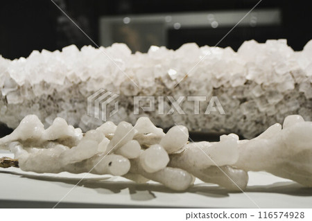 Salt crystals cluster. Salt crystals growth. Salt crystallization. Mine rock salt chunk 116574928