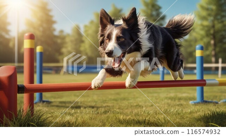 A border collie jumping above the barrier. Generative ai. 116574932
