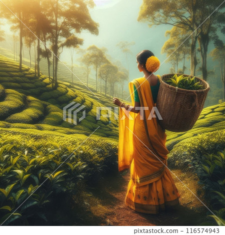 A young Indian woman gathering tea leaves. A young Indian woman gathering tea leaves. 116574943