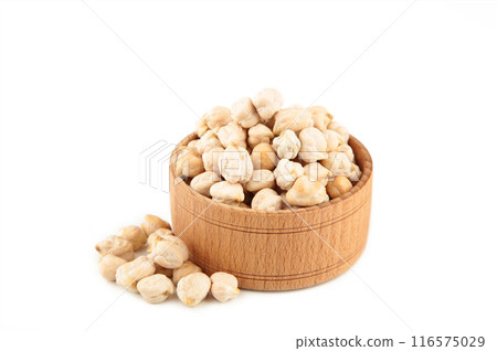 Uncooked dried chickpeas in wooden bowl isolated on white background. Vegan food concept 116575029