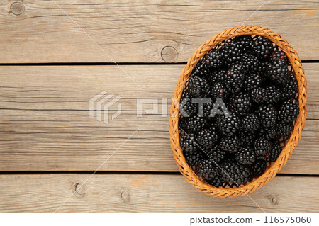 Blackberry in a wicker basket on a grey wooden background. Blackberry close up. Blackberry in a wicker basket on a grey wooden background. Blackberry close up. 116575060