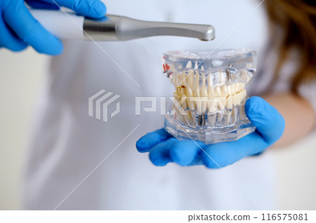 Photopolymer lamp dentist with luminous blue lamp. Dentist treating teeth prosthetics put fillings treat gums caries Photopolymer lamp dentist with luminous blue lamp. Dentist treating teeth prosthetics put fillings treat gums caries 116575081