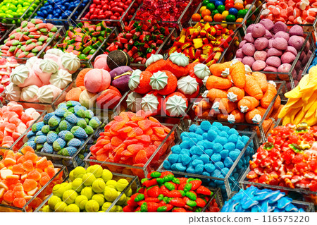 Various bright colors and taste candy assortment at market in Barcelona, Spain, sweets shop 116575220