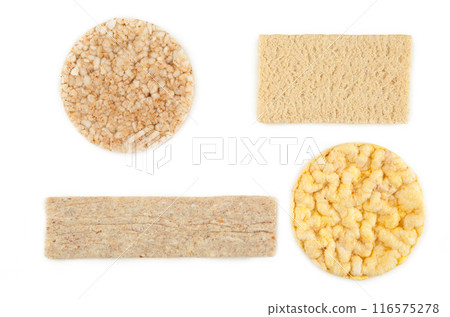 Set of crispy breads isolated on white background. 116575278