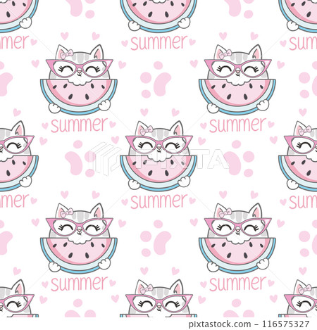 Hand Drawn cute cat and watermelon Seamless pattern summer childrens print vector illustration for printing, Hand Drawn cute cat and watermelon Seamless pattern summer childrens print vector illustration for printing, 116575327