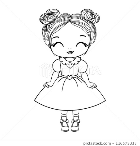 A cute little girl in a dress. A coloring book page with a colorful template for children. 116575335