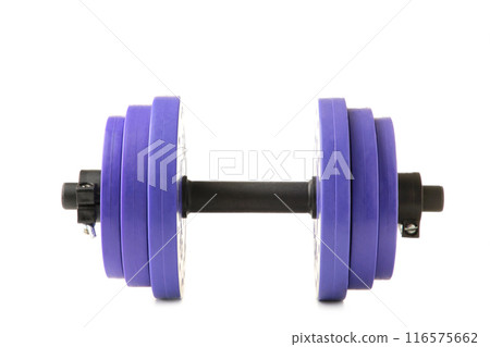 Violet gym dumbbell isolated on white background. Top view. Violet gym dumbbell isolated on white background. Top view. 116575662