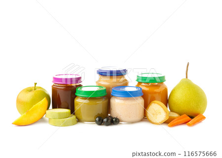 Glass jars with nutrient baby food isolated on white background 116575666